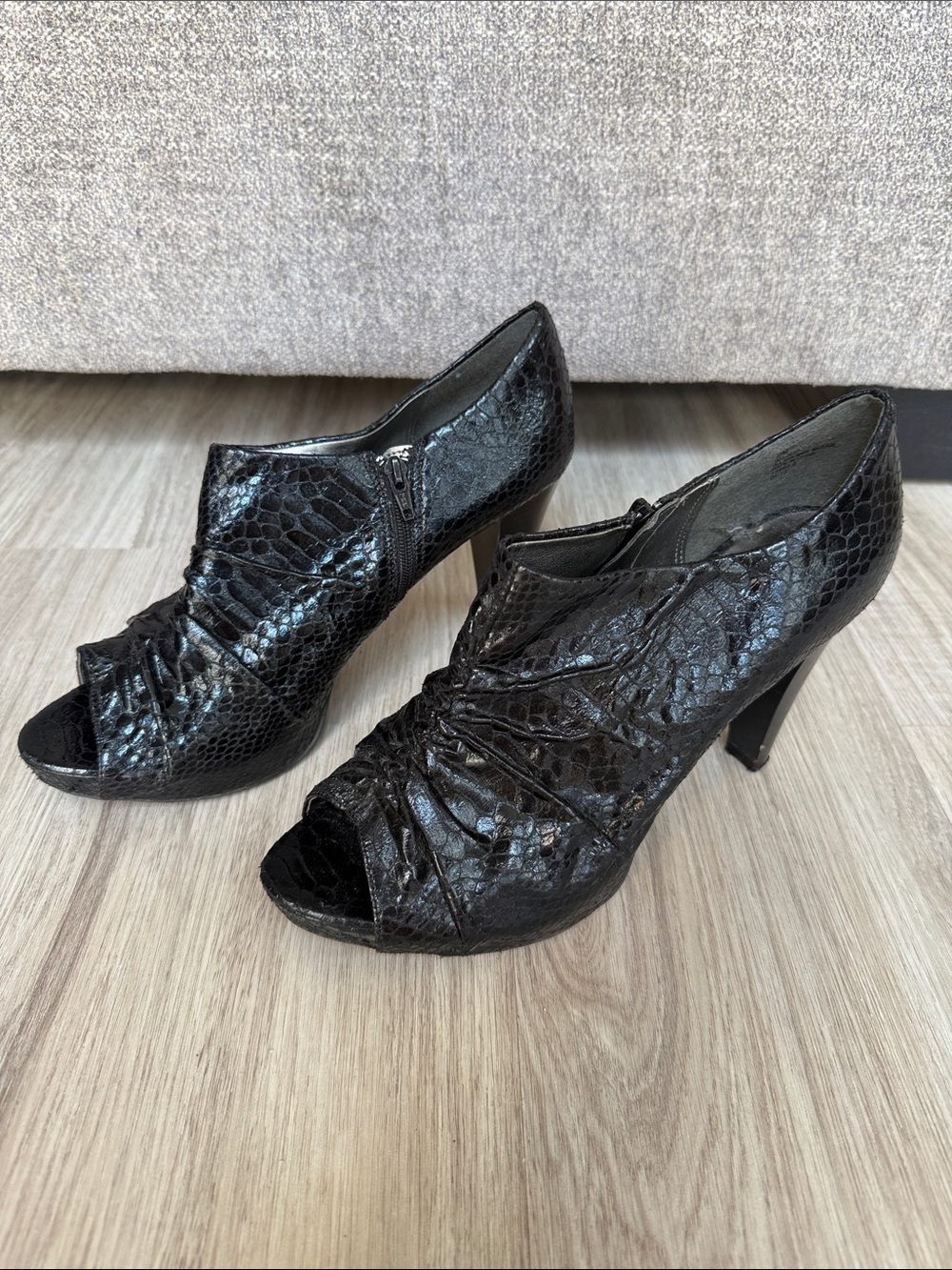 Worthington Black Peep-Toe Ruched Sneak Skin Heeled Booties
